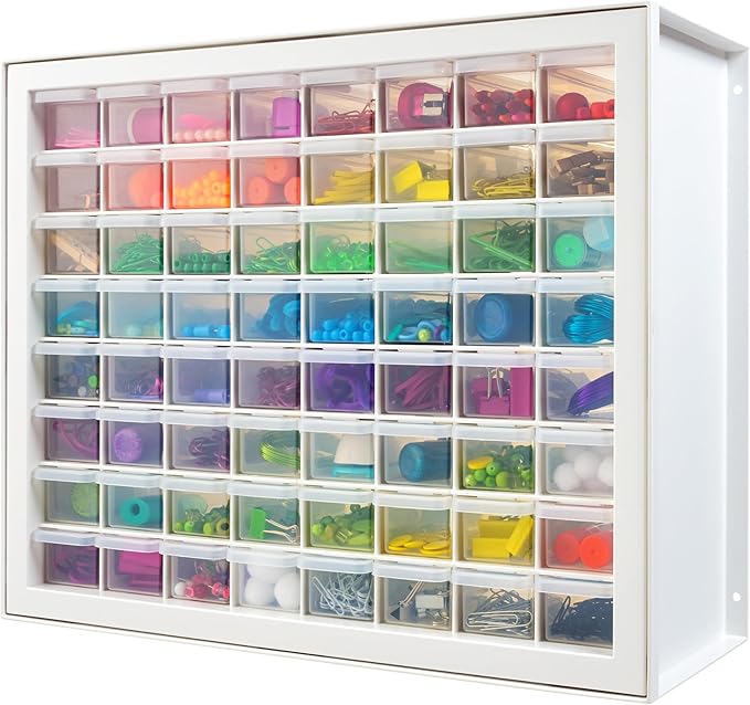 IRIS USA Small Parts Storage Cabinet, Made in USA, 64-Drawer Organizer Chest for Hardware, Screws, Nuts & Bolts, Charms, Beads, Craft Supplies, Scrapbook & Hobby Storage, Teacher Toolbox â White