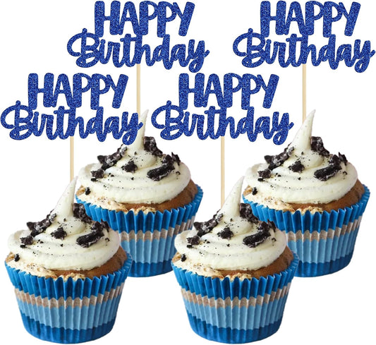 Gyufise 24Pcs Happy Birthday Cupcake Toppers Glitter Cupcake Food Picks for Celebrating Happy Birthday Theme Party Cake Decorations Supplies Deep Blue