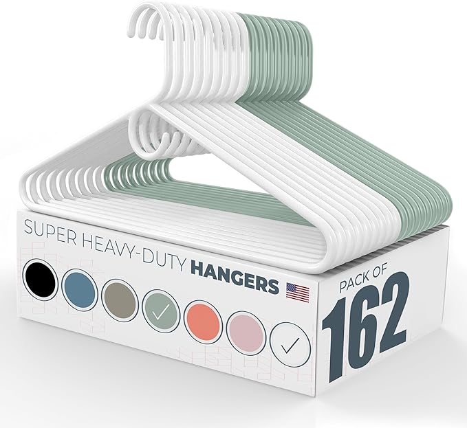 Neaties Super Heavy Duty Clothes Hangers 100+ Pack (162 Count) â Made in The USA - 10lb Capacity, Thick Plastic Hangers for Pants, Coats, Jackets, Jeans and Adult Clothing â White & Mint