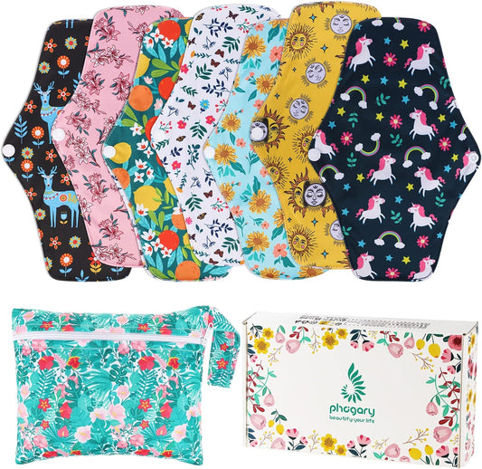 PHOGARY Reusable Menstrual Pads for Heavy Flow with Wet Bag, Sanitary Pads Set with Wings for Women, Washable Overnight Cloth Panty Liners (7 in 1, Style I)