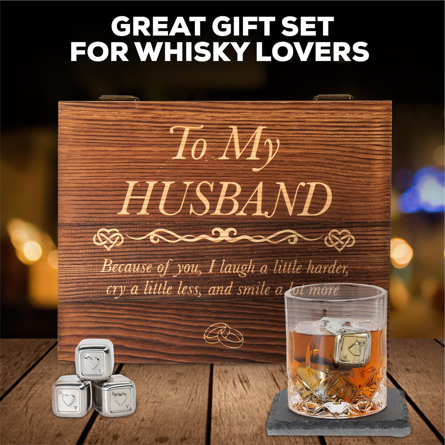 Anniversary For Him ‘To My Husband’ Engraved Whisky Glass Gift Set | Romantic Present for Husband | Unique Wedding - Birthday or Anniversary Idea