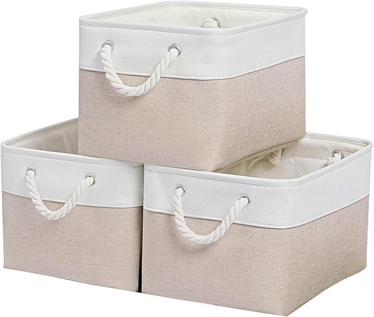 15x11x9.5 Inch Storage Baskets for Shelves,3 Pack Storage Binsï¼Foldable Organizer Boxes, Decorative Storage Basket for Organizing Clothes, Toys, Books, Foldable Cloth Baskets (White&Beige)