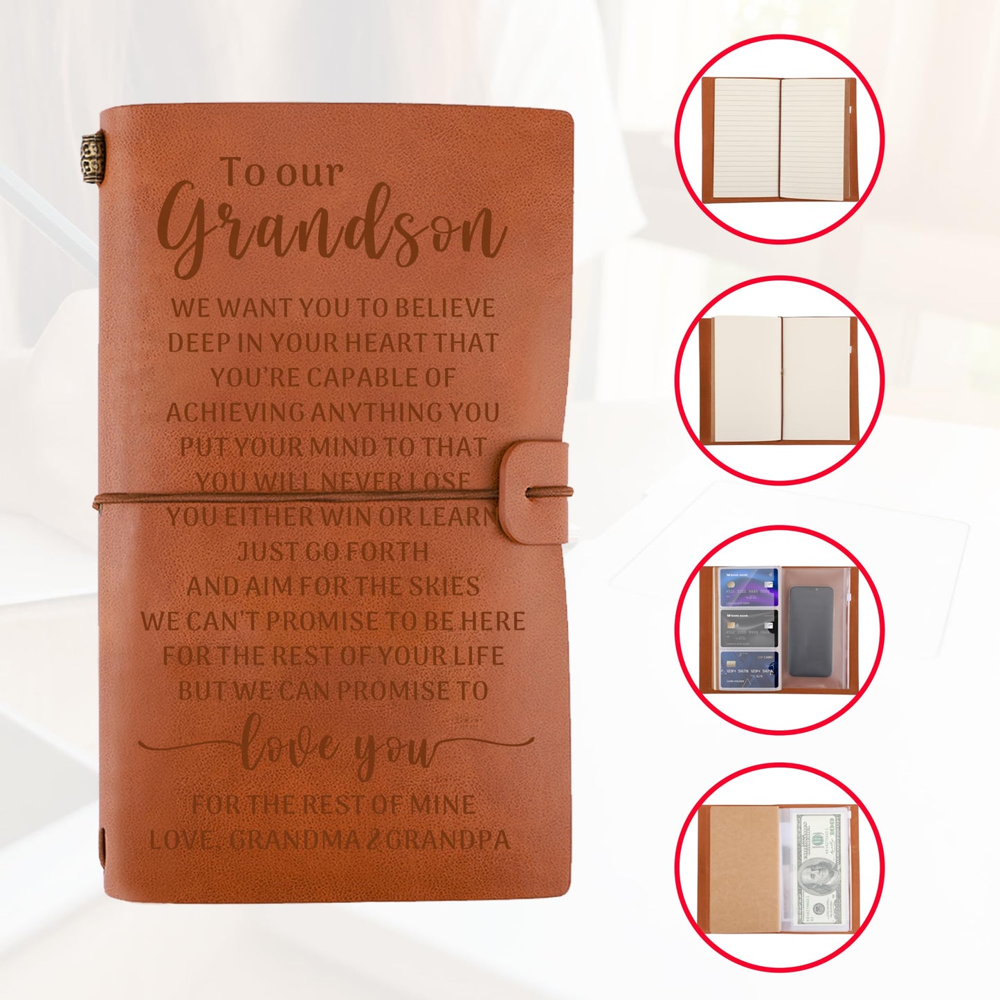 Gift for Grandson from Grandma Grandpa, To My Grandson Engraved Leather Journal Gift, Grandson Travel, Writing Notebook Gift, Grandson Graduation Birthday Christmas Gift from Grandparents