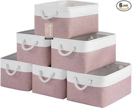 Large Storage Baskets- 15.7x11.8x8.26 inch Storage Bins for Shelves and Closet Organizing, Foldable Fabric Bin for Home Organization Clothes and Laundry (6-Pack, White&Pink)