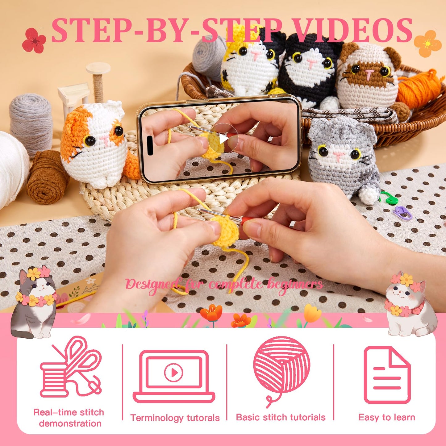 MAGIMUSE Crochet Kit for Beginners, Beginner Crochet Kit with Step-by-Step Video Tutorials, DIY Crochet Animal Kits Amigurumi Craft Knitting Supplies, 5 Pack Cats (40%+ Yarn)