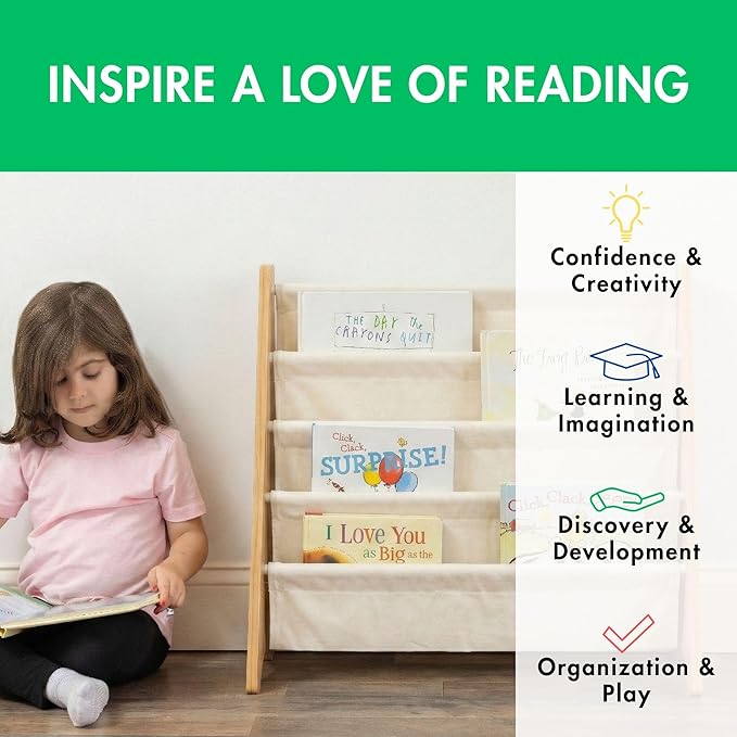 Humble Crew 4-Tier Kids Bookshelf, Natural/White - Premium Book Shelf for Kids Rooms with Four Deep Pockets - Toddler Sling Book Rack with Deep Sleeves, Nursery Bookcase Organizer
