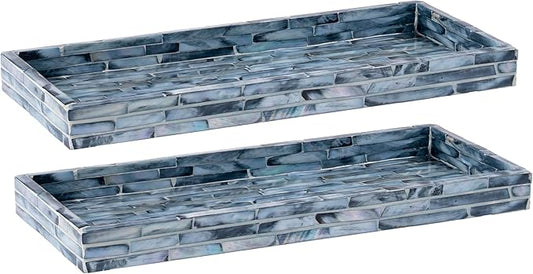PEMAR Blue Mother of Pearl Tray Set of 2 â Handcrafted Decorative Vanity & Countertop Organizer for Bathroom, Entryway, Coffee Table â Elegant Home Decor Accent, 11.8" Lx5.1 Wx1 H