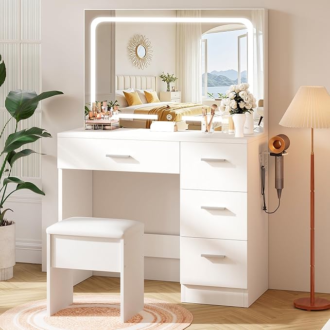 Makeup Vanity Desk with Charging Station & LED Mirror â 35.4" Vanity Table with 4 Drawers, Hair Dryer Rack, & 3 Lighting Modes â Modern Bedroom Furniture (15.7"D x 35.4"W x 53.9"H), White