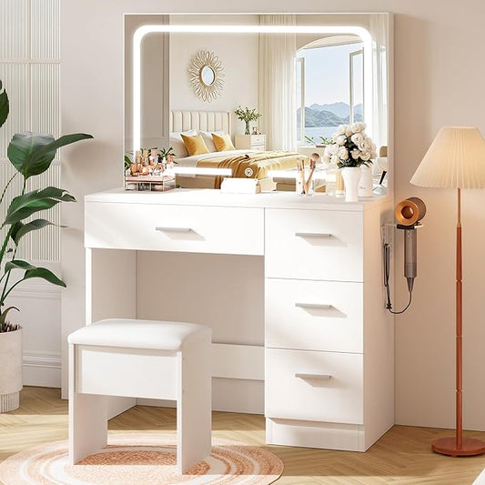 Makeup Vanity Desk with Charging Station & LED Mirror â 35.4" Vanity Table with 4 Drawers, Hair Dryer Rack, & 3 Lighting Modes â Modern Bedroom Furniture (15.7"D x 35.4"W x 53.9"H), White