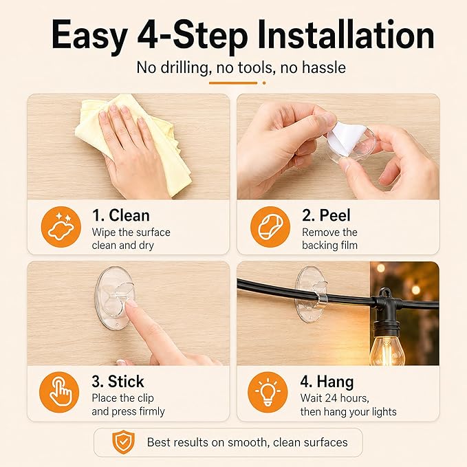 Hooks Lights Clips Outdoor String - 3X Stronger Adhesion 40Pcs Clear Heavy Duty Hangers Waterproof Adhesive - Sticky Removable 0 Residue No Drill Indoor Garage - for Patio Fence Gutters Wall Christmas
