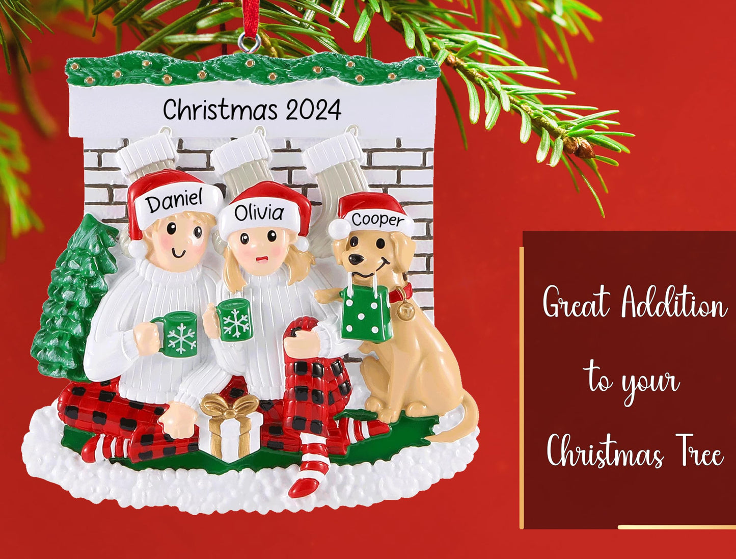 UniqXmas Personalized Couple with Dog Christmas Ornament 2025 | Customized Fireplace Family of 2 with Puppy Ornament for Xmas Tree | Our First Christmas with Dog, New Dog Keepsake – Custom Name & Year