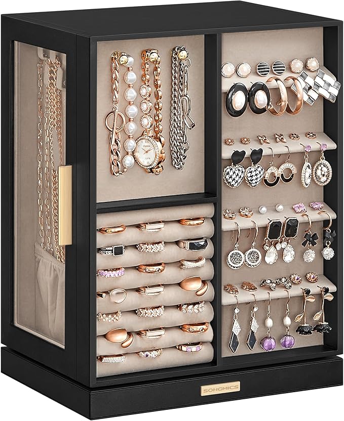 SONGMICS Jewelry Box 360Â°Rotating, Jewelry Storage Case with 5 Drawers, Jewelry Organizer, Glass Window, Spacious, Vertical Jewelry Storage, Open Design, Great Gift, Graphite Black UJBC170B01