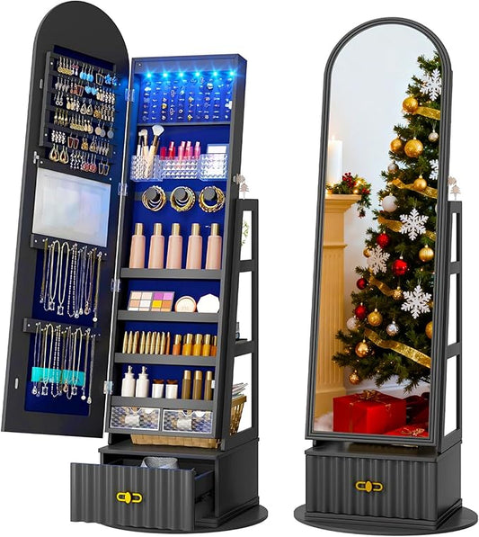 Full Length Mirror with Storage, 63" Mirror Jewelry Cabinet Standing, Rotating Jewelry Mirror Organizer Full Length, Lockable Jewelry Armoires with Velvet Lining for Women Gift