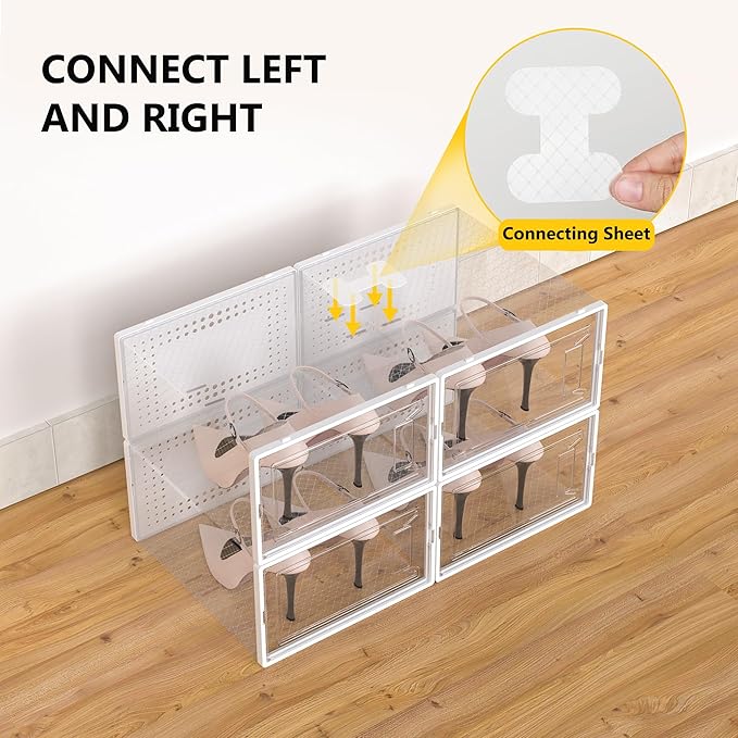 Secret Space 12 Pack XX Large Shoe Storage Organizer for Closet, Modular Space Saving Shoe Boxes Clear Plastic Stackable Containers Display Case Bins with Lids, Shoe Rack for Sneaker Storage, White