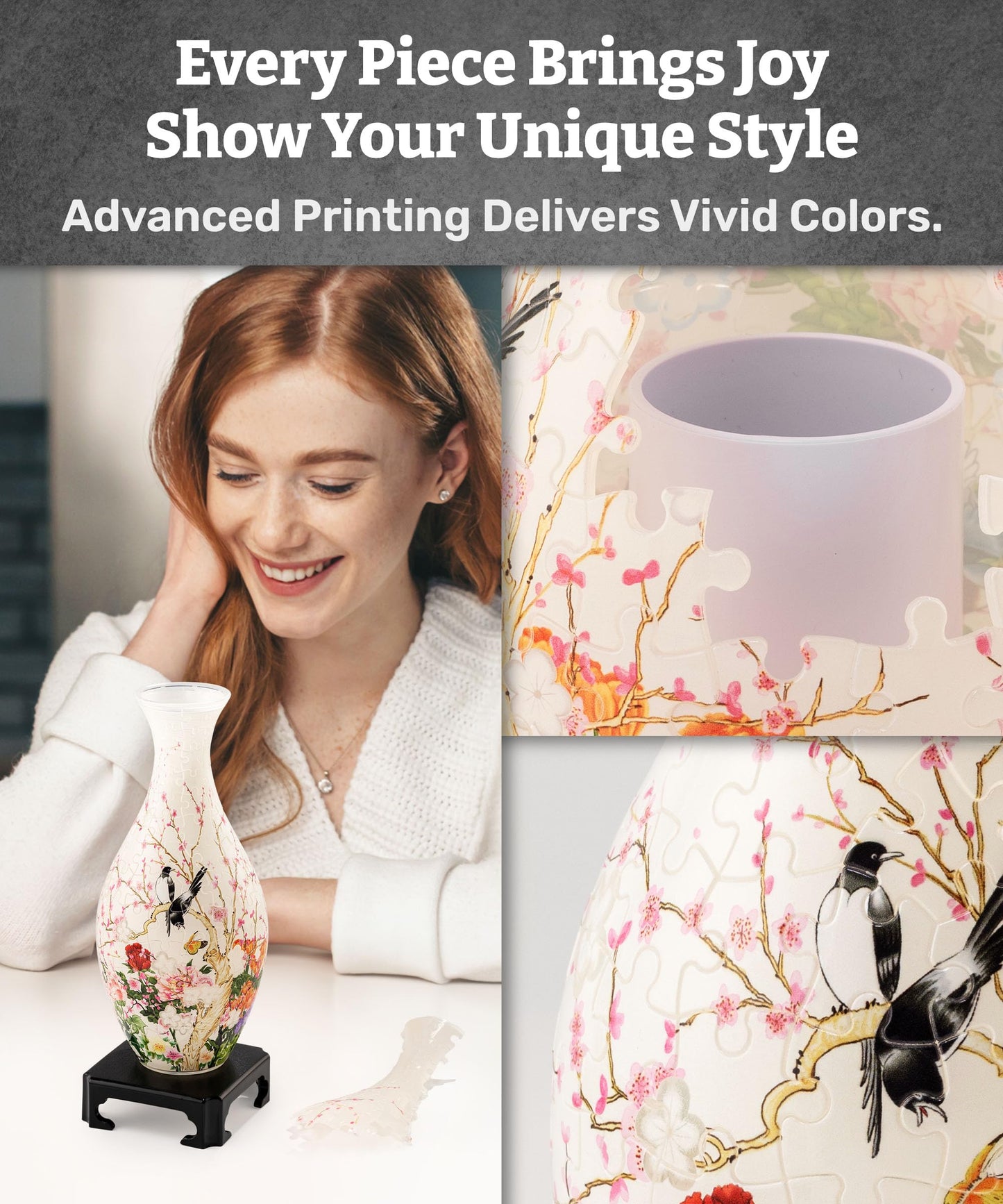 Pintoo 3D Puzzle Vase Unique Flower Vase Made by 160 Curved Plastic Puzzle Pieces House Warming Gift for Flower Arrangements and Home Decoration - [S1035] (Translucent, Flowers and Birds)