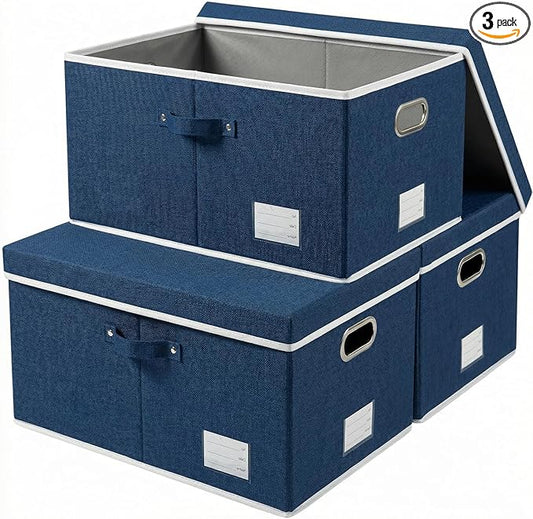 PRANDOM Storage Bins with Lids [3-Pack] Linen Fabric Foldable Storage Boxes Organizer Containers Baskets Cube with Cover for Bedroom Closet Office Royal Blue(23.4X15.9X11.4)