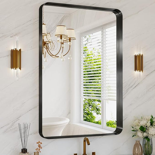 40X30 Inch Black Metal Framed Bathroom Mirror for Wall, Matte Large Rounded Rectangle Vanity Mirror Farmhouse,Anti-Rust, HD Tempered Glass, Horizontally or Vertically Hanging