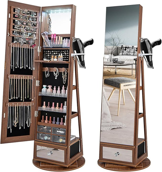 CHARMAID 360Â° Swivel Jewelry Cabinet Armoire 64.5" H, Full Length Mirror with Jewelry Storage, 6 LEDs Lockable Jewelry Organizer, Rear Storage Shelves, Large Drawer, Hairdryer Holder (Walnut)