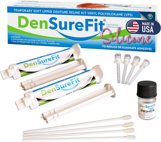 DenSureFit Denture Reline Kit for Upper Denture, 3-6 Month Soft Silicone Dentures Repair Set to Refit and Tighten, Easy to Use Reline Set with Larger Primer and Applicators for Comfortable Fit