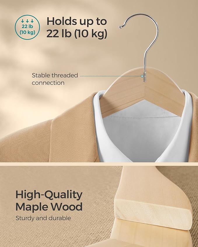 SONGMICS Wooden Hangers, Pack of 12, Coat Hangers, Non-Slip, Pants Bar, 360° Swivel Hooks, for Jackets, Shirts, Coats, Natural Wood UCRW010N12
