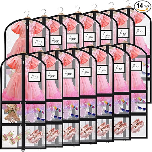 Geelin 14 Pcs Garment Bags for Dance Costumes PVC Clear with Zippers 20 x 40 Inch Garment Bag with Pockets Dance Costume Organizer Carrier for Storage Cover for Adult (Fully Transparent Black)