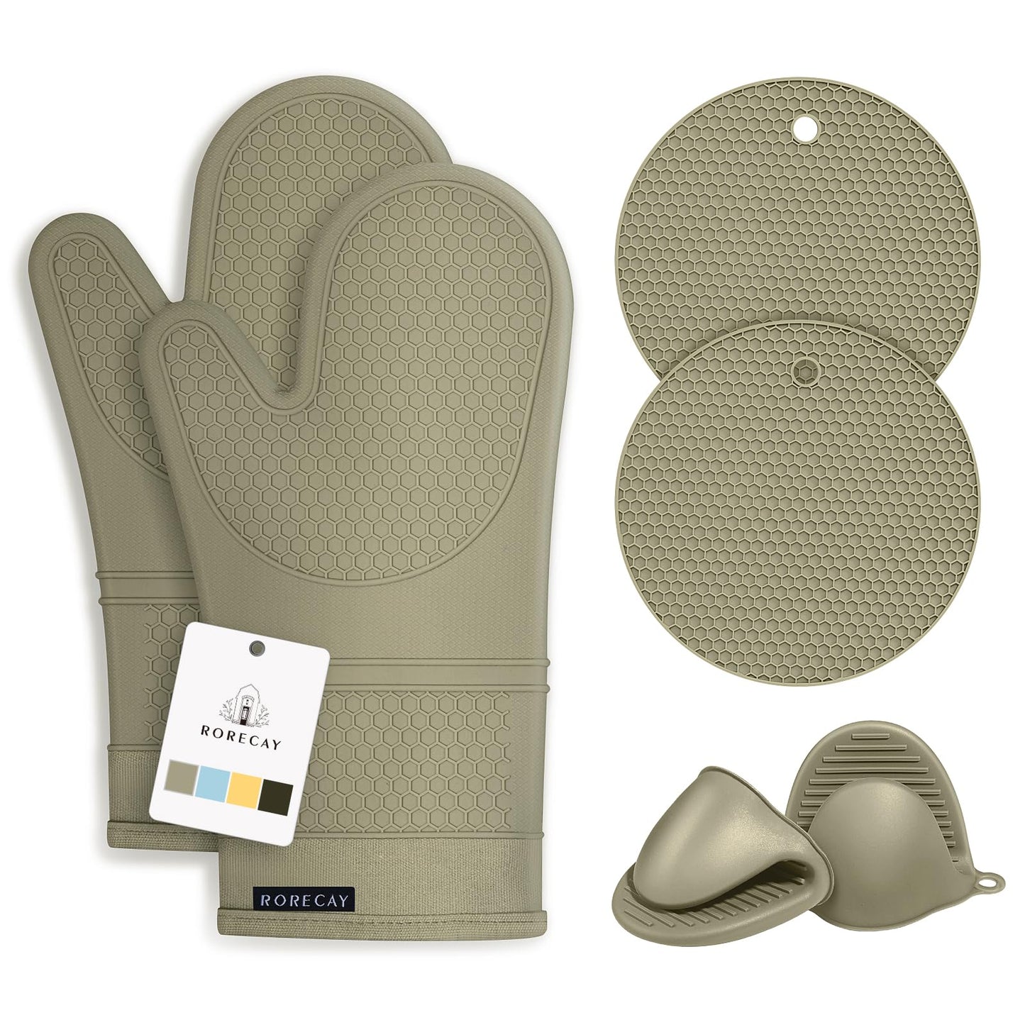 Rorecay 6pcs Oven Mitts and Pot Holders Sets Heat Resistant 500 Degrees, Extra Long Silicone Oven Gloves Non-Slip Potholders Hot Pads for Kitchen Baking Cooking, Quilted Liner, Martini Olive