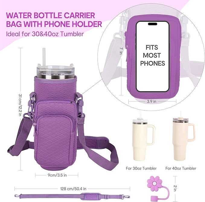 &And Per Se Water Bottle Shoulder Bag for Women, Neoprene Carrier with Phone Pocket & Purple Charm, Adjustable Crossbody Strap Fits Stanley 30oz Tumblers, Gift for Her (Purple)