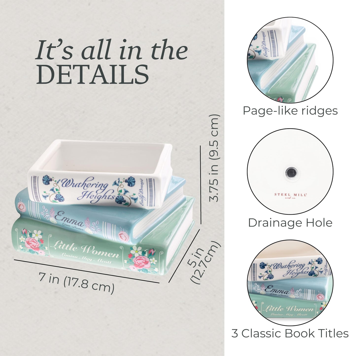 Steel Mill & Co Small Book-Shaped Decorative Ceramic Planter for Home Decor, Bookshelf, Classic Titles Bookstack, 5" x 7"" x 3.75"""