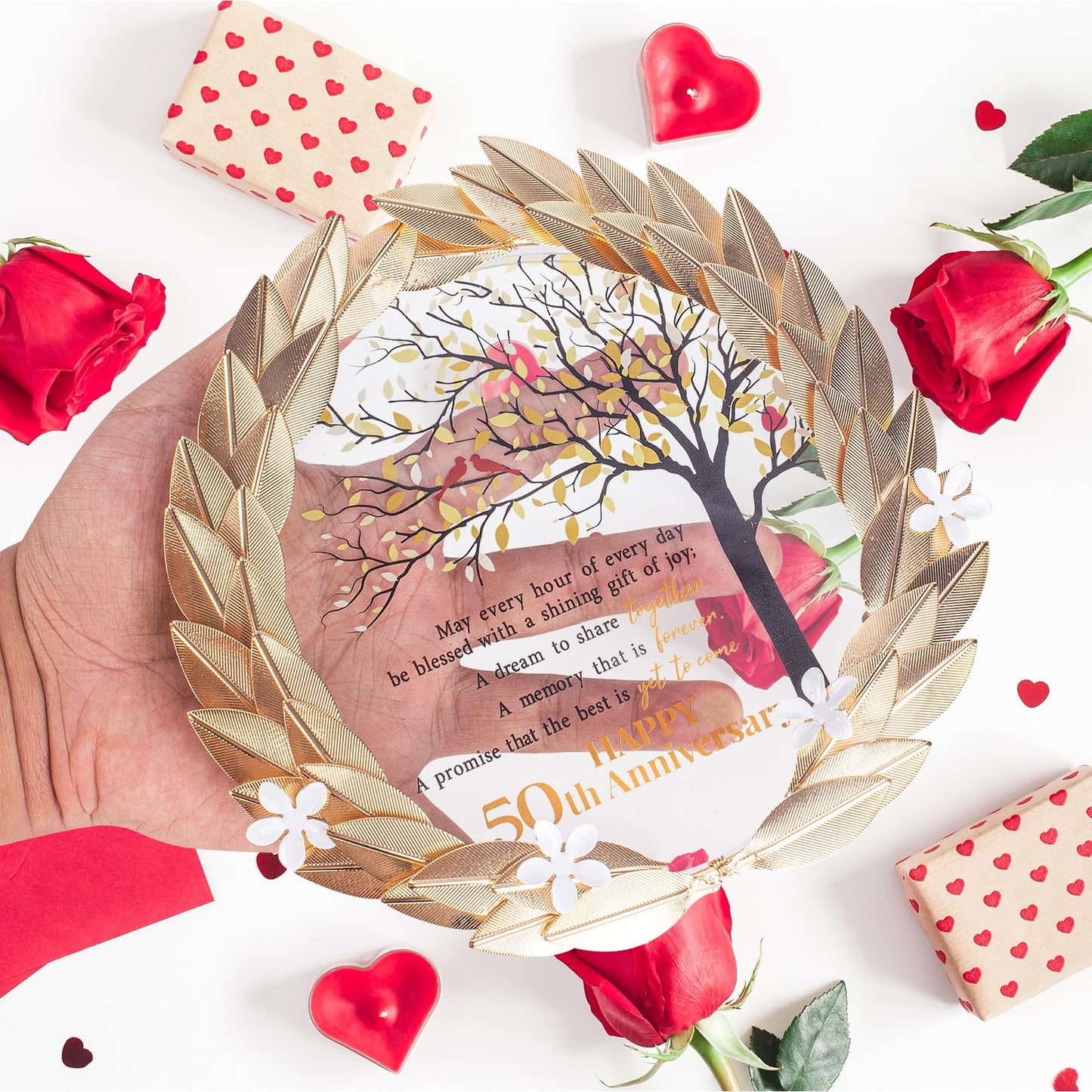 50th Anniversary Wedding Unique Gifts Ideas Crystal Plate with Gold Leaf Wreath - 50th Anniversary Wedding Gifts for Parents Couple - Cardinal Style