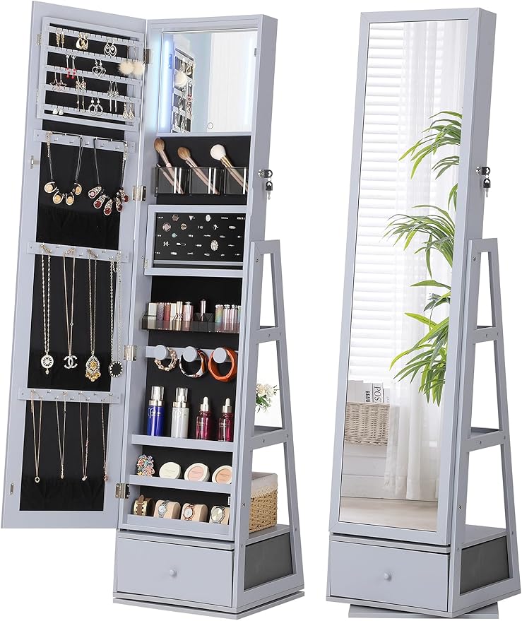 Nicetree 360Â° Swivel Jewelry Cabinet with Lights, Mirror Jewelry Cabinet Standing, Interior Vanity Mirror, Rotatable Full Length Mirror with Jewelry Storage, Standing Jewelry Armoire Organizer, Grey