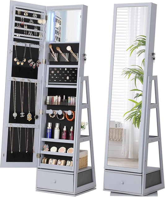 Nicetree 360Â° Swivel Jewelry Cabinet with Lights, Mirror Jewelry Cabinet Standing, Interior Vanity Mirror, Rotatable Full Length Mirror with Jewelry Storage, Standing Jewelry Armoire Organizer, Grey