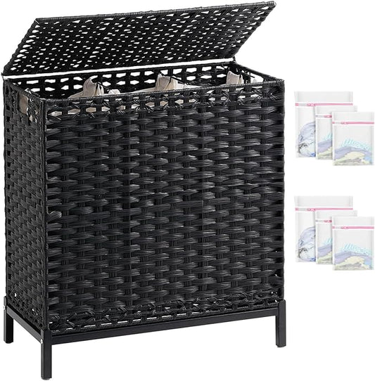 Laundry Hamper with Lid 132 L, (35 Gallons) Clothes Hamper with Lid, Handwoven Rattan Laundry Hamper with Metal Heightened Feet, Laundry Hampers with 3 Removable Liner Bags for Laundry-Black