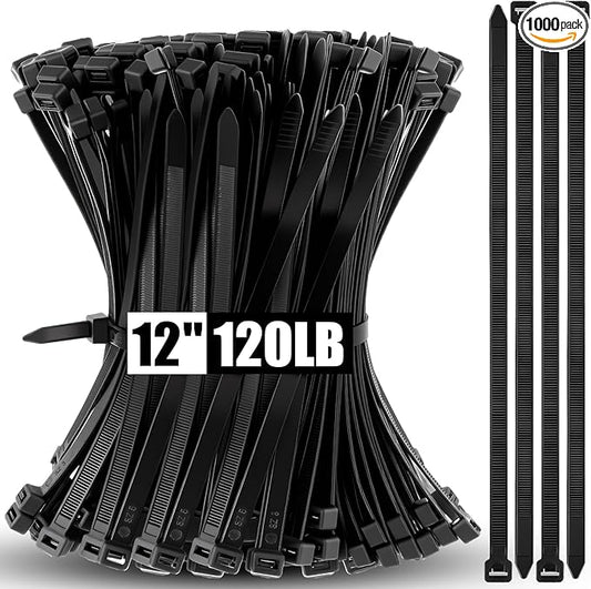 1000 Pcs 12 Inch Zip Ties Heavy Duty 120 Lbs Tensile Strength Black Nylon Wire Cable Ties for Indoor Outdoor