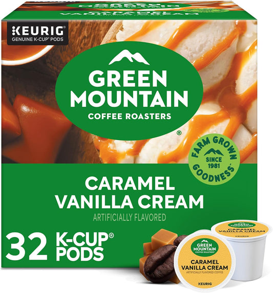 Green Mountain Coffee Roasters Caramel Vanilla Cream, Single-Serve Keurig K-Cup Pods, Flavored Light Roast Coffee Pods, 32 Count