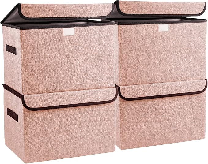 Linen Fabric Foldable Storage Cube Bin Organizer Basket with Flip-Top Lid & Handles, Large Clothes Blanket Box for Home, Office, Closet, Pink, 4 Pack 14.6 x 9.5 x 9.5â