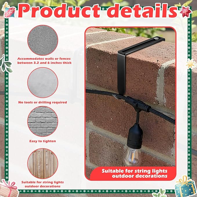 Frienda 6 Pcs Adjustable Outdoor Light String Metal Hooks for 3.2-6 Inch Concrete Wall Cinder Block Fences Hangers Outdoor Light String Hooks No Drill for Concrete Wall Cinder Block and Fence(Black)