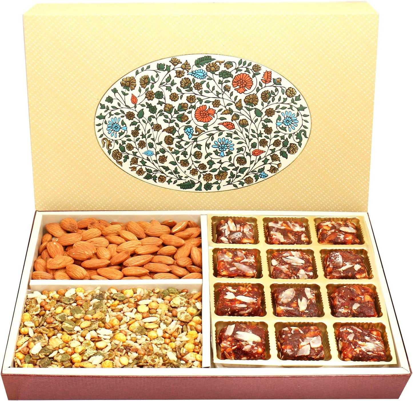 Ghasitaram Gifts Valentines Gift for Girlfriend/Boyfriend/Husband and Wife - Healthy Hampers - Eco Print 4 Part 12 Pcs Sugarfree Dates and Figs Bites,Almonds and Roasted Namkeen Hamper Box