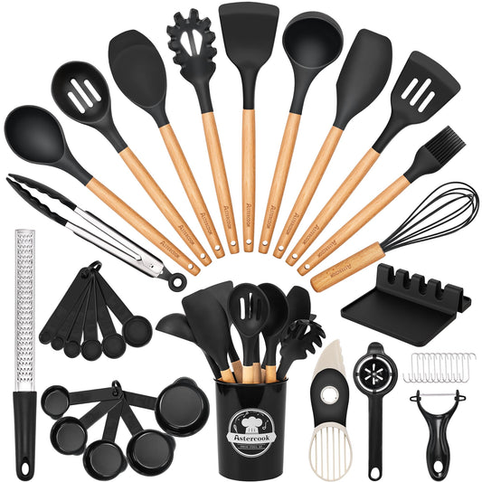 Astercook Kitchen Utensils set, 39 PCS Silicone Cooking Utensils Set with Wooden Handle, 446°F Heat Resistant Food Grade Utensil Sets, BPA Free Kitchen Gadgets Tools Set for Nonstick Cookware (Black)