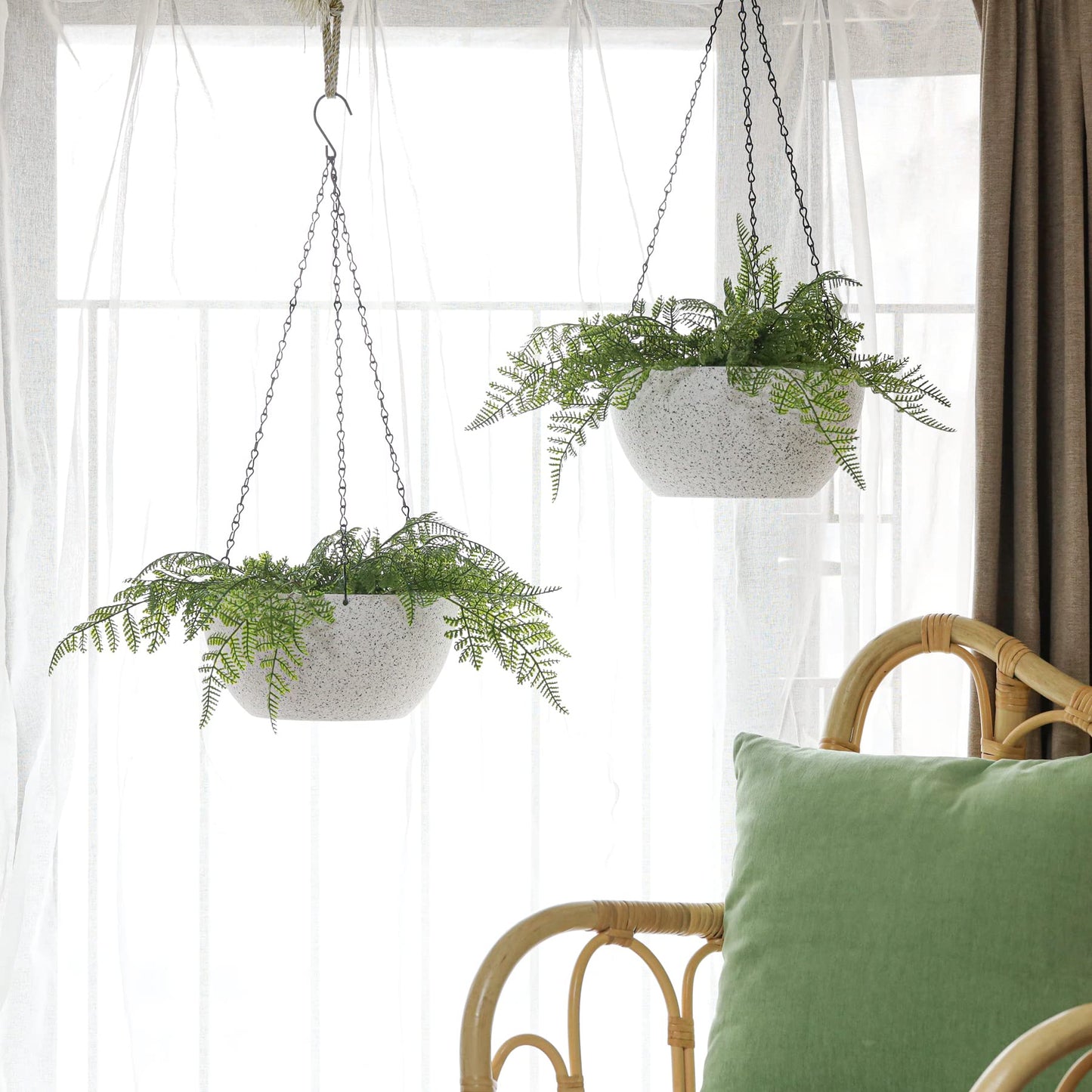 T4U 10 Inch Hanging Planters for Indoor Outdoor Plants - 2 Pack Plastic Hanging Flower Plant Pot with Drainage Hole, Round Hanging Plant Basket for Home Garden Porch Balcony Patio Decor (White)