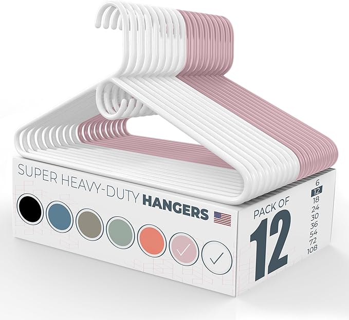 Neaties Super Heavy Duty Clothes Hangers 12 Pack â Made in The USA - 10lb Capacity, Thick Plastic Hangers for Pants, Coats, Jackets, Jeans and Adult Clothing â White & Pink