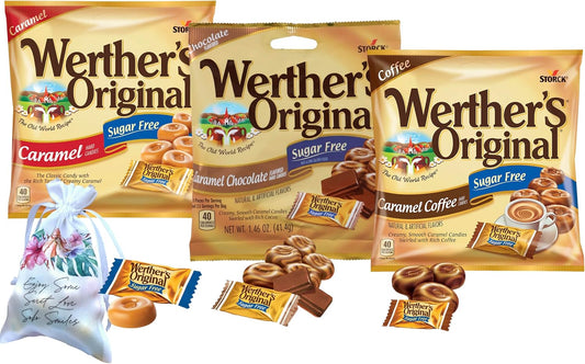Werther's Original Sugar Free Hard Candy 3 Bags Bundle (1.46 OZ Each) 3 Flavors: Coffee, Chocolate, Caramel | Perfect for Office Spaces Candy dishes Holiday Candy Gifts | Soko Smiles Pocket Bag