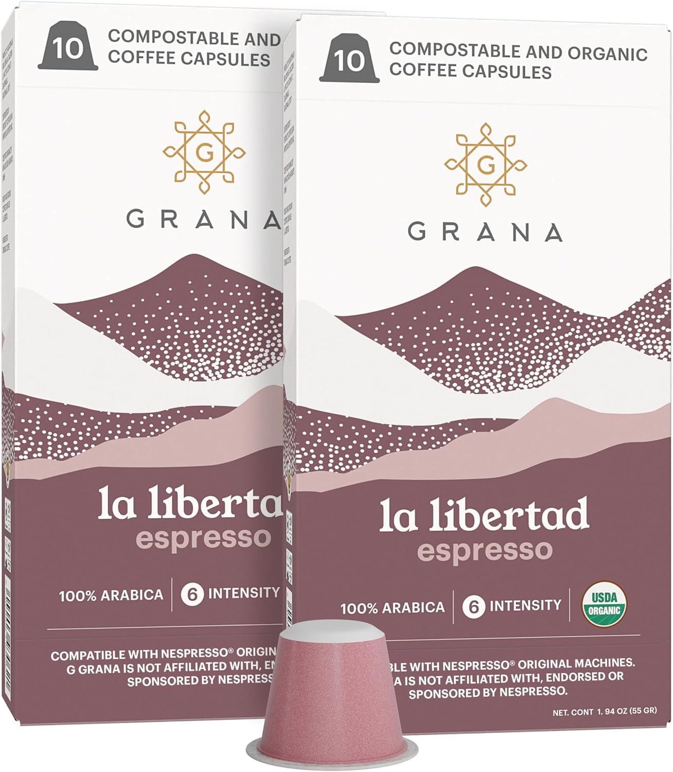 G GRANA Coffee Pods, Compatible with Nespresso OriginalLine, 20 Pack, Medium-Dark Roast, USDA Organic 100% Arabica Single Source Specialty Coffee, Compostable Single Serve Capsules, La Libertad