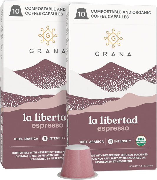 G GRANA Coffee Pods, Compatible with Nespresso OriginalLine, 20 Pack, Medium-Dark Roast, USDA Organic 100% Arabica Single Source Specialty Coffee, Compostable Single Serve Capsules, La Libertad