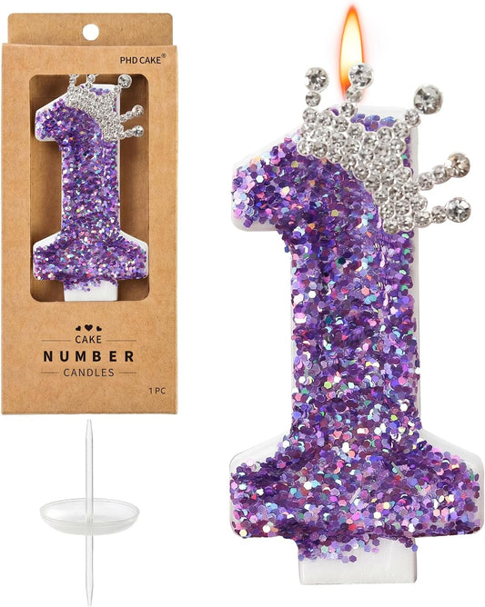 Birthday Number Candles,Purple Crown Birthday Candles for Cake,Glitter Number 1 Candle Cake Topper with Sequins for Anniversary Celebrations Supplies