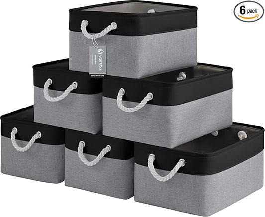 Large Storage Baskets- 15.7x11.8x8.26 inch Storage Bins for Shelves and Closet Organizing, Foldable Fabric Bin for Home Organization Clothes and Laundry (6-Pack, Black&Gray)