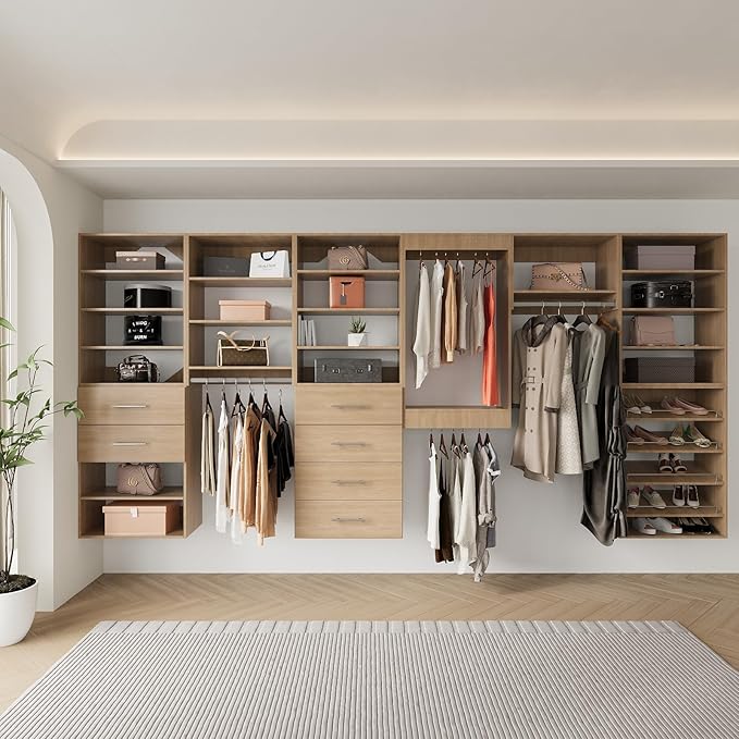 Double Hanging Closet Unit, Modular Closet System, Wood Closet System Organizer with Storage for Walk In Closets, Clothing Rack Wardrobe Closet for Hanging Clothes, Bedroom, Wood, 19.5"W