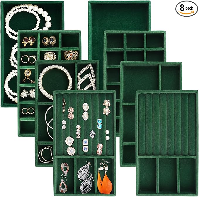 Jewelry Trays for Drawers, Set of 8 Stackable Velvet Jewelry Tray Inserts for Rings, Earrings, Necklaces, Bracelets â Fits Most Dresser/Closet Drawers, NonâSlip Lined, Green