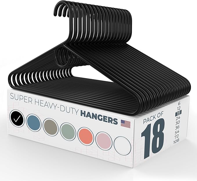 Neaties Super Heavy Duty Clothes Hangers 18 Pack â Made in The USA - 10lb Capacity, Thick Plastic Hangers for Pants, Coats, Jackets, Jeans and Adult Clothing â Black