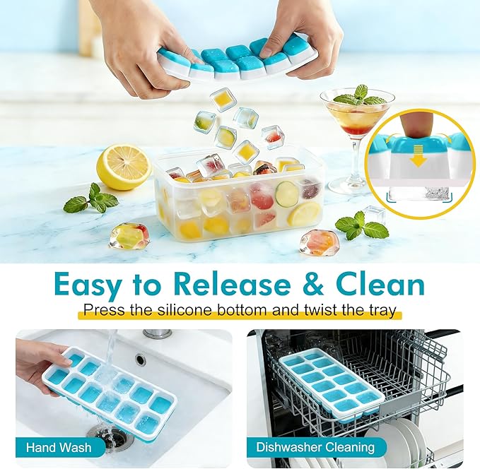 NFK Ice Cube Tray with Lid & Bin - 4 Pack Stackable Silicone Trays for Freezer with Storage Container, Leak-Proof Lids, BPA-Free, Easy Release for Kitchen, RV, Cocktail, Party, Coffee & Drinks