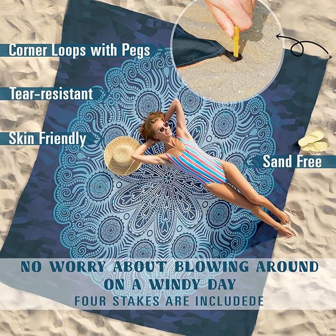 Famstar Beach Blanket Sandproof Waterproof 78''81'' 1-5 Adults Oversized, Compact Lightweight Durable 210T Polyester Beach Mat for Travel Camping Hiking Picnic